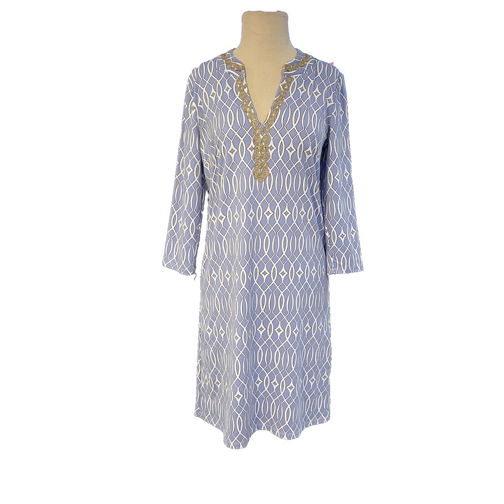 Sunsets And Sweet Tea Dress Preppy V-Neck Blue Metallic Trim Size Small